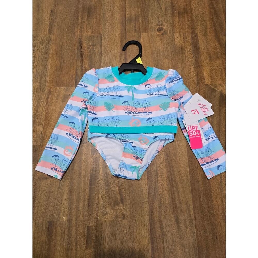 CoComelon Toddler Girl Long Sleeve Rashguard Swim Set Blue & Green 5T NWT